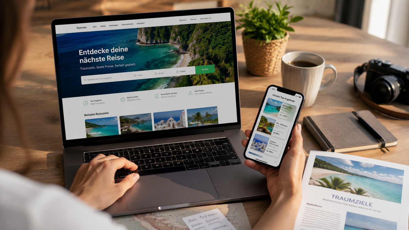 Reiseshop und Reiseangebote auf Laptop und Smartphone