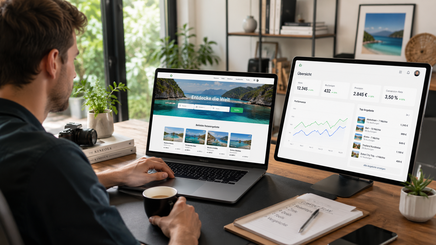 Reiseblogger wertet Reiseangebote und Ergebnisse an einem Arbeitsplatz aus